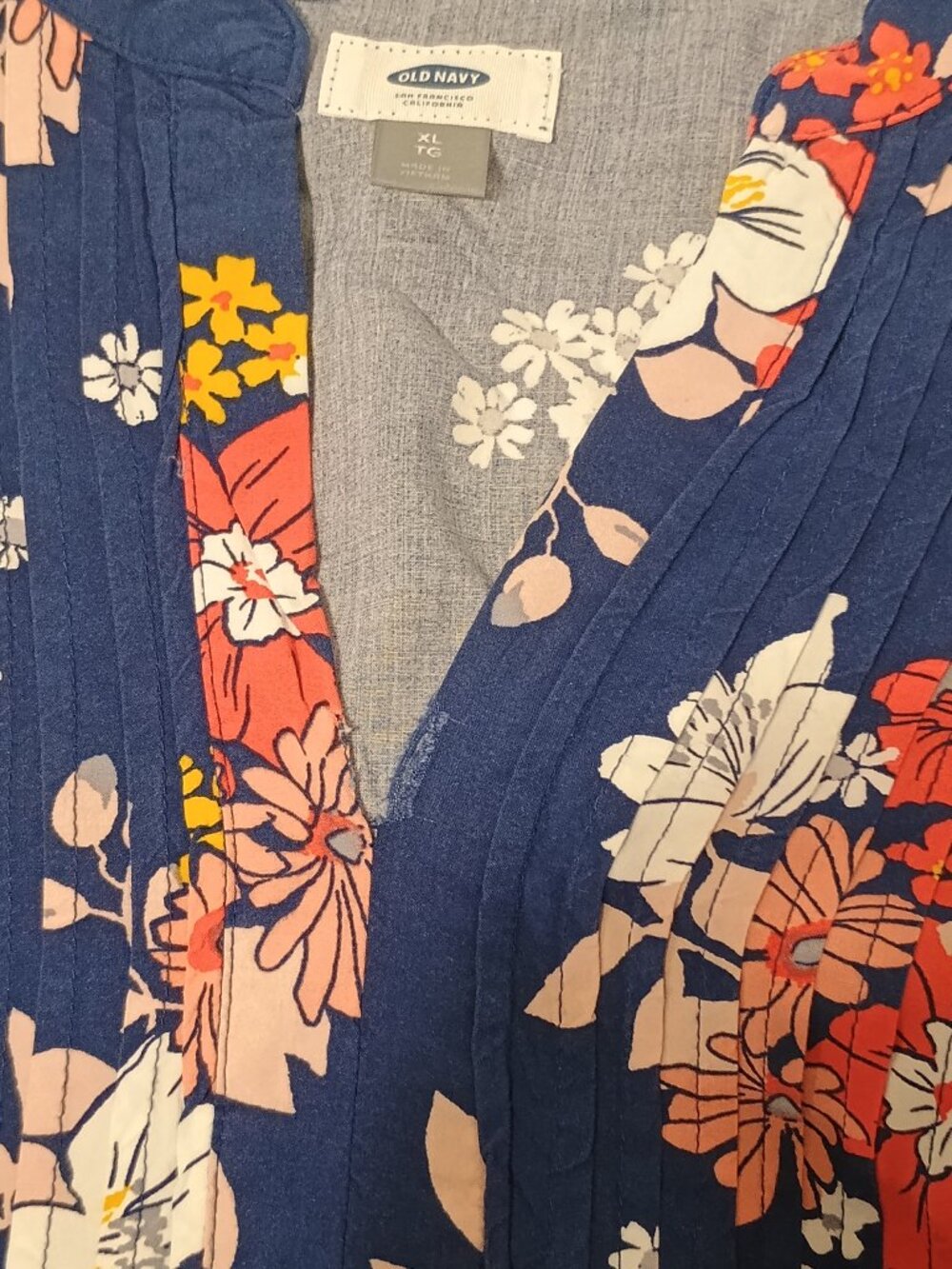 Old Navy XL Navy Floral Sleeveless Split Neck Pintuck Rayon Summer Dress - Picture 5 of 8